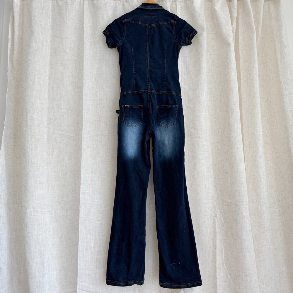 Vintage Y2K Denim Jumpsuit Medium Flare Low Rise Belted Zip Front Britney JLo - Picture 9 of 12